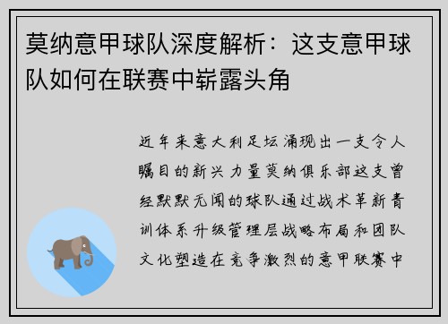 莫纳意甲球队深度解析：这支意甲球队如何在联赛中崭露头角